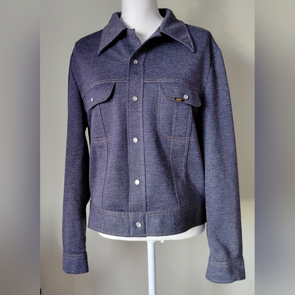 Lee 1970s Leisure Suit Jacket Faux Denim Polyester Knit Pearl Snaps Vintage GOLD